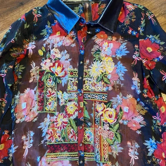 Aratta Silent Journey Women's M Floral Multi Color Trim Velvet Bohemian Top